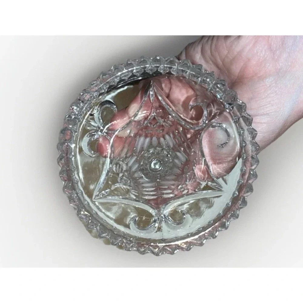 Vintage Cut Lead Crystal Taper Candle Holder Frosted Floral Scroll Bell Base